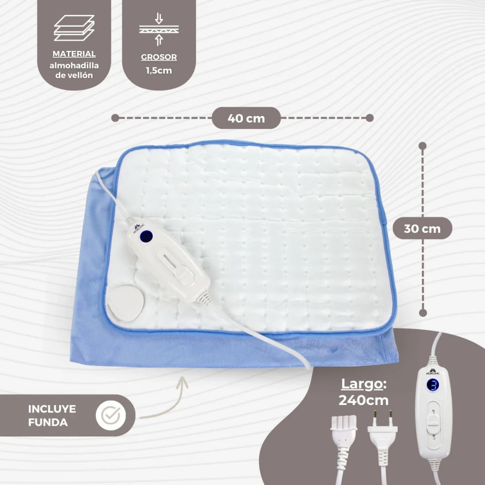Almohadilla eléctrica | 40x30 cm | 6 niveles | Muy bajo consumo | Gasto mínimo | Apagado automático | Funda azul