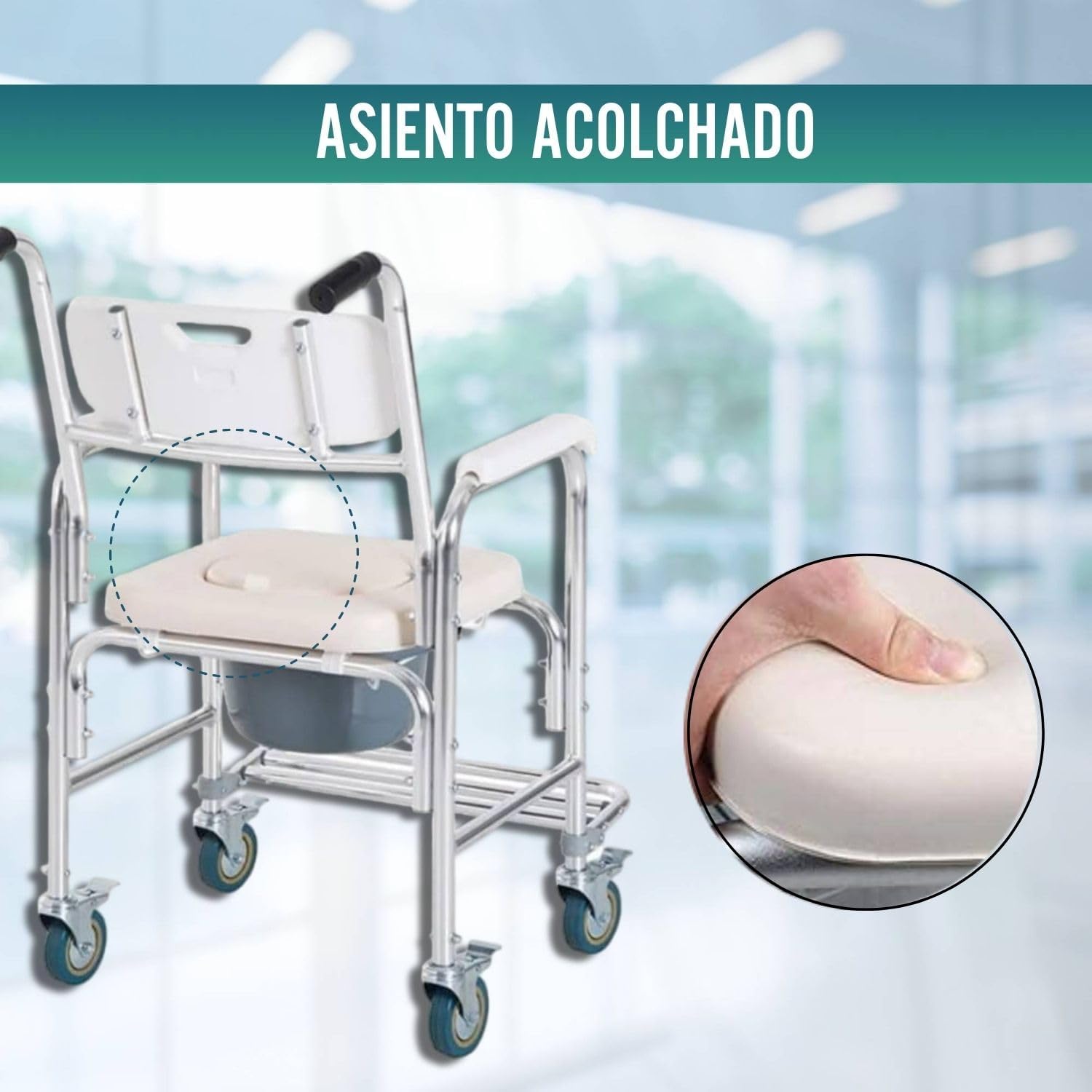 Silla comfort de aluminio con inodoro y ruedas