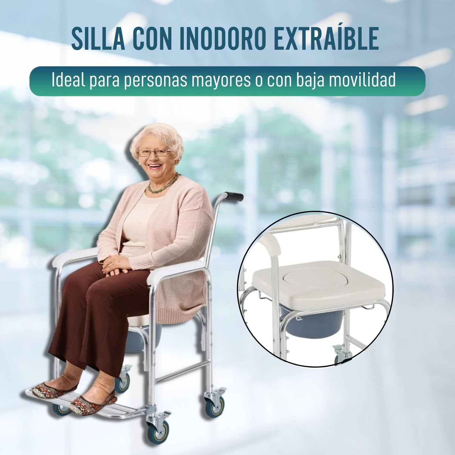 Silla comfort de aluminio con inodoro y ruedas