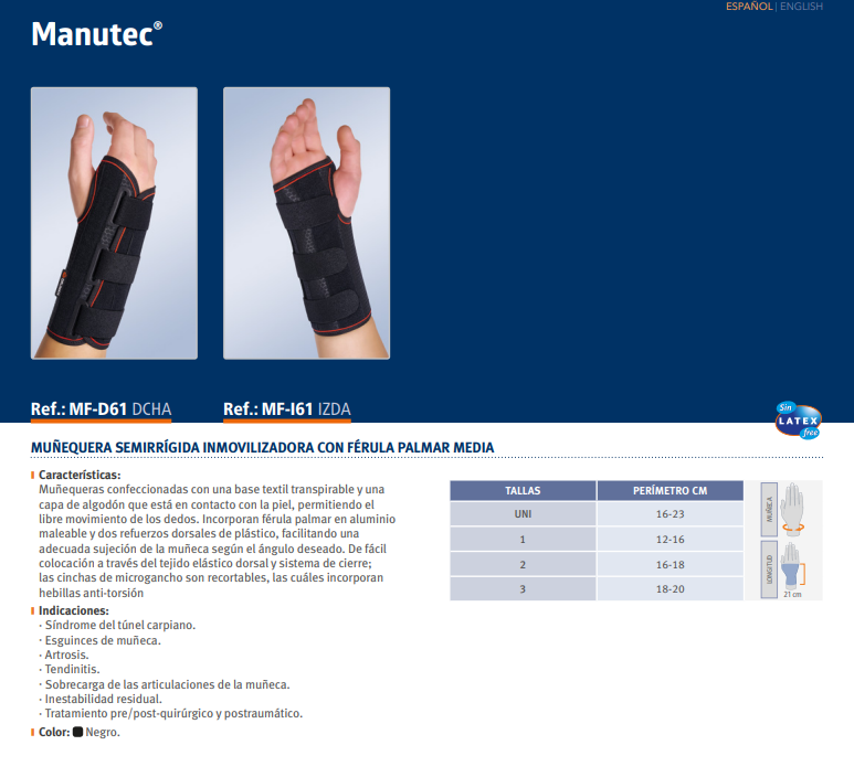 MUÑEQUERA SEMIRRÍGIDA INMOVILIZADORA CON FÉRULA PALMAR MEDIA