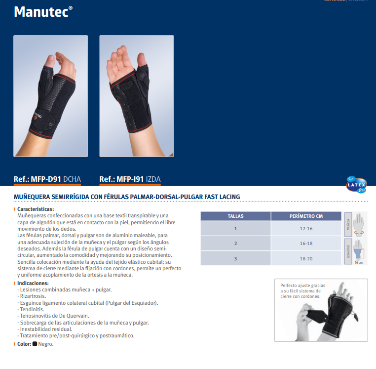 MUÑEQUERA SEMIRRÍGIDA CON FÉRULAS PALMAR-DORSAL-PULGAR FAST LACING