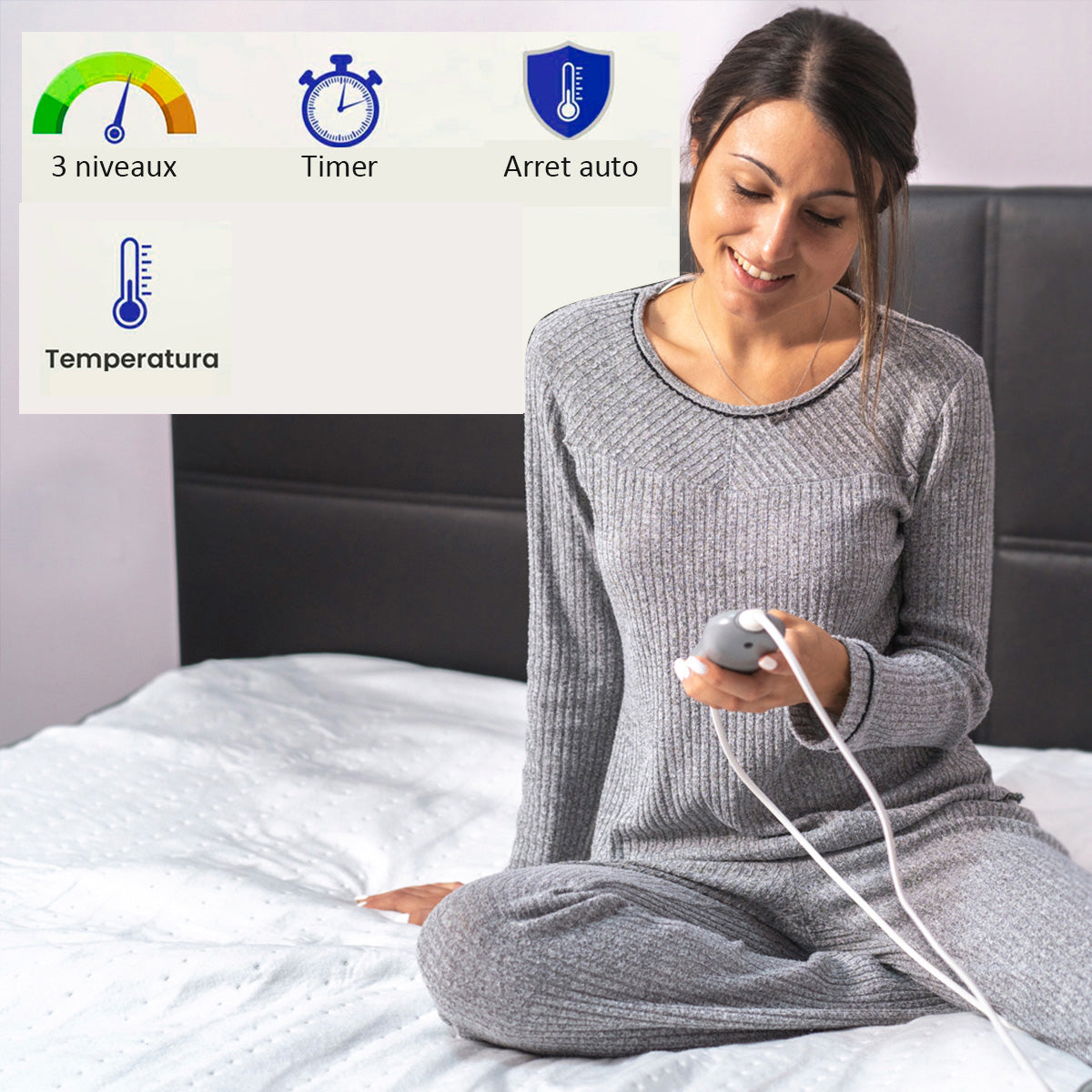 alienta Camas 140 x 160 cm. Mando con 3 niveles de calor, apagado automático, color blanco