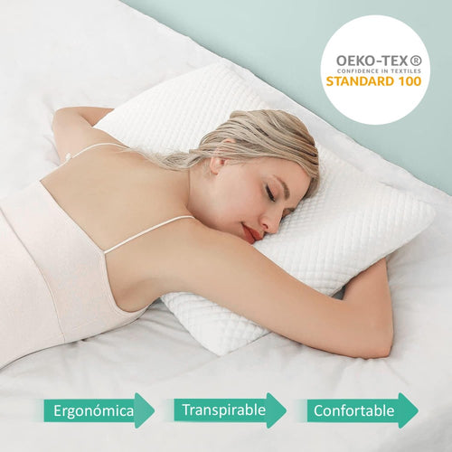 Almohada Viscoelástica 80 cm Desenfundable, Ergonómica, Anti bacterias, Termo regulable, Doble Funda con Cremallera, Lavable, Adaptabilidad cervical