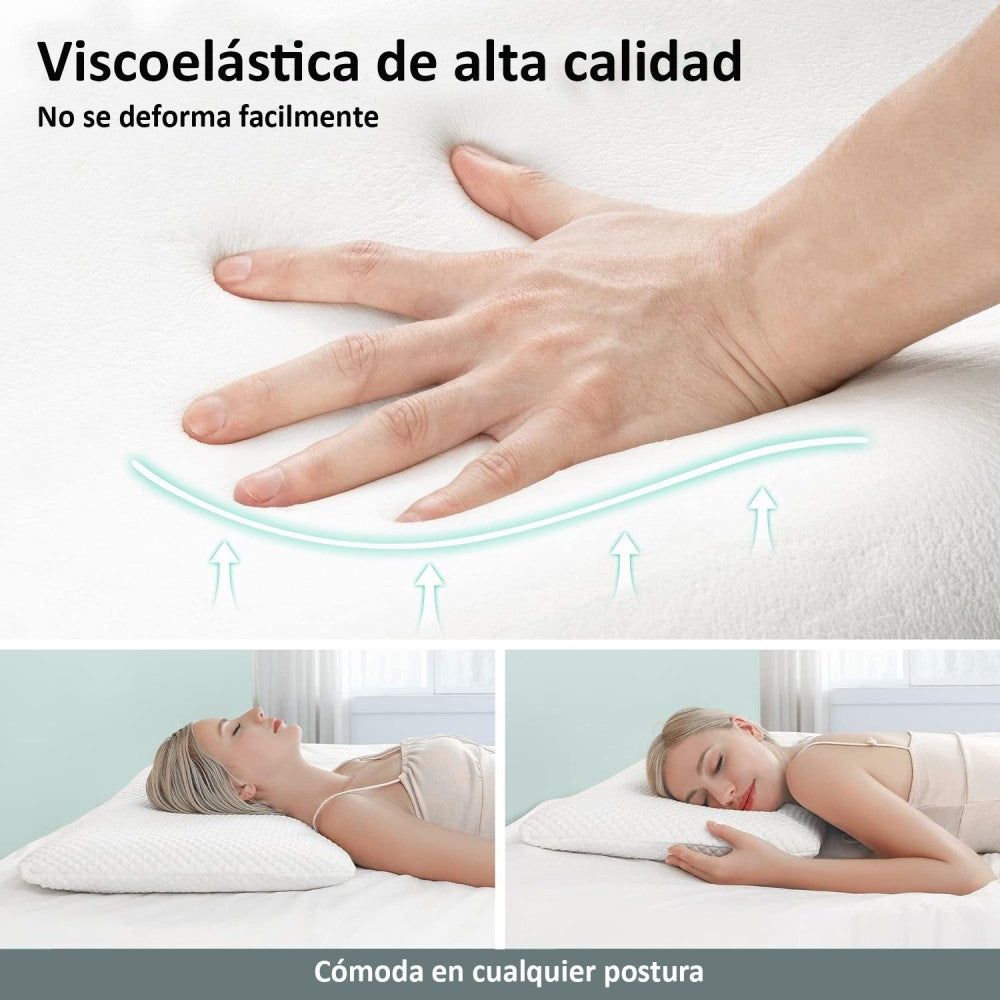 Almohada Viscoelástica 90 cm Desenfundable, Ergonómica, Anti bacterias, Termo regulable, Doble Funda con Cremallera, Lavable, Adaptabilidad cervical