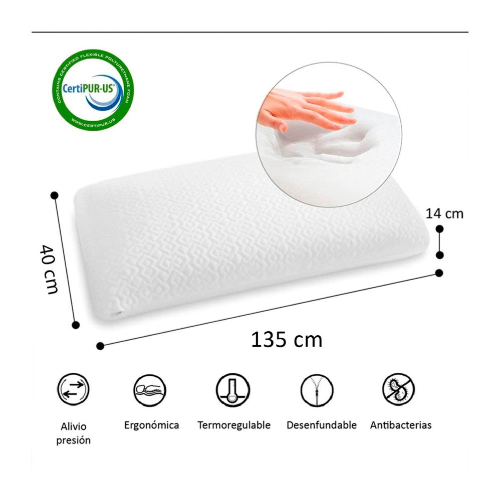Almohada Viscoelástica 75 cm Desenfundable, Ergonómica, Anti bacterias, Termo regulable, Doble Funda con Cremallera, Lavable, Adaptabilidad cervical