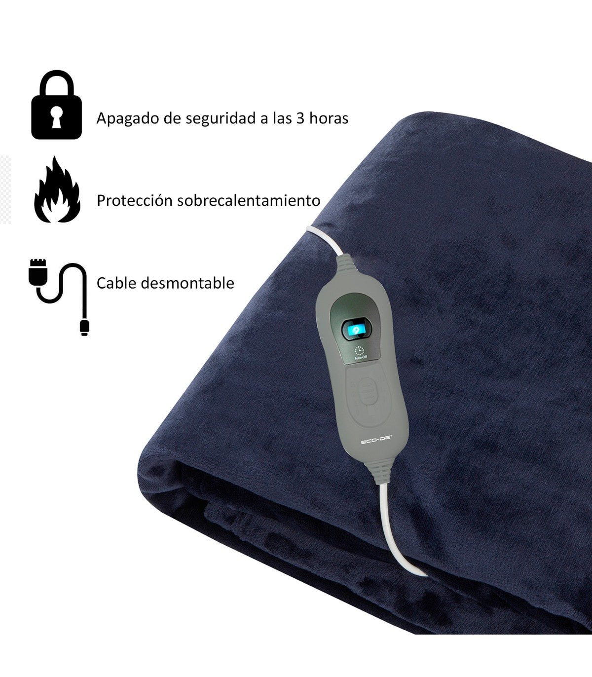 Manta eléctrica 180 x 130 cm. Mando con 3 niveles de calor, apagado automático 180 minutos