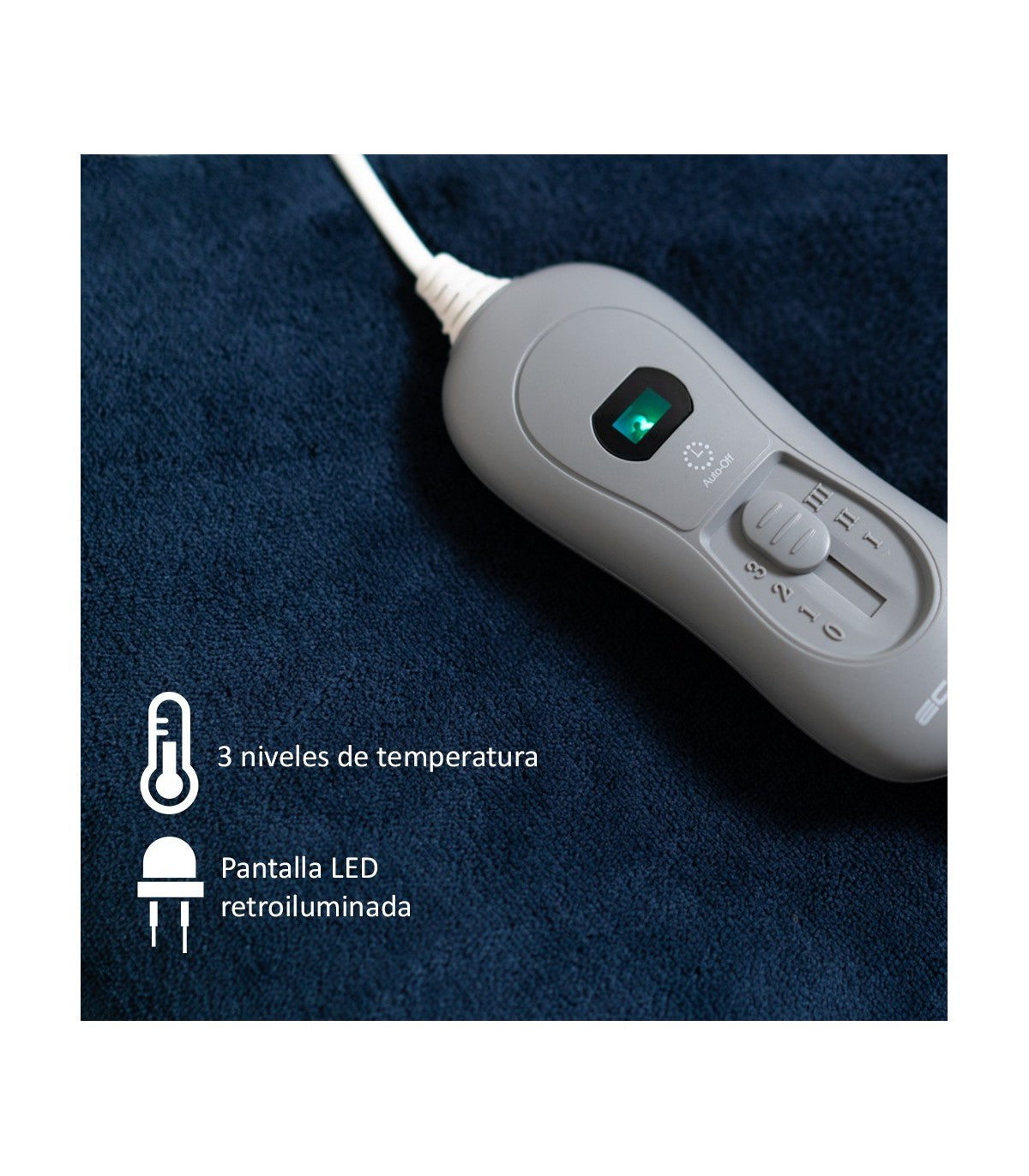 Manta eléctrica 180 x 130 cm. Mando con 3 niveles de calor, apagado automático 180 minutos