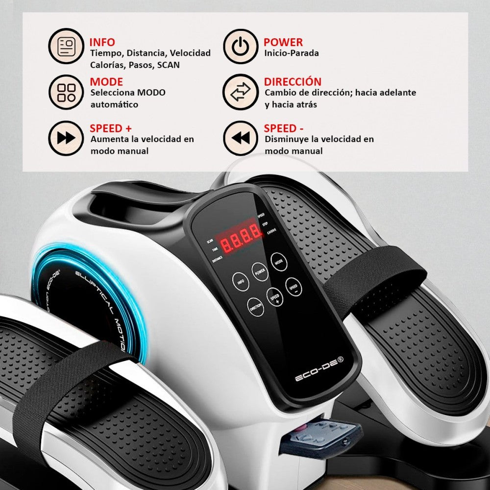 Mini Elíptica Eléctrica con Pedales | 30 Niveles de Velocidad | Pantalla LED | Pedales Antideslizantes con Correa | Mando a Distancia | Silenciosa y Portátil